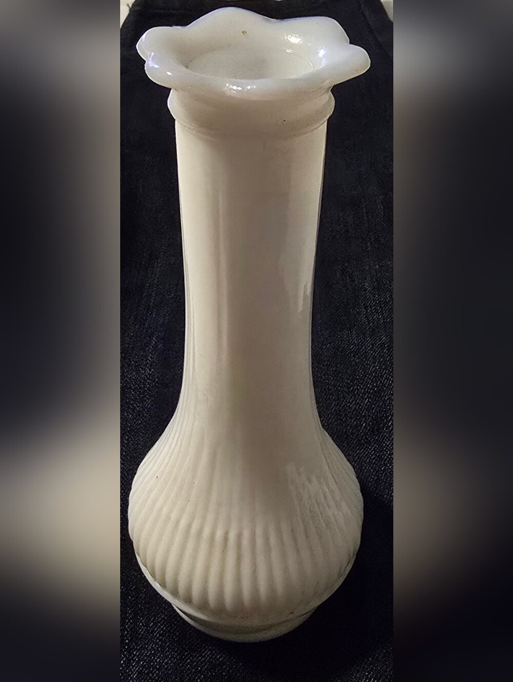 Vintage White Milk Glass Bud Vase Scalloped Rim Ribbed Base Floral Cottagecore